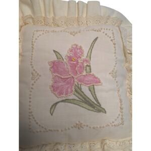 Small Hand Embroidered Throw Pillow Decorative Lace Ruffled 7x7 Inches